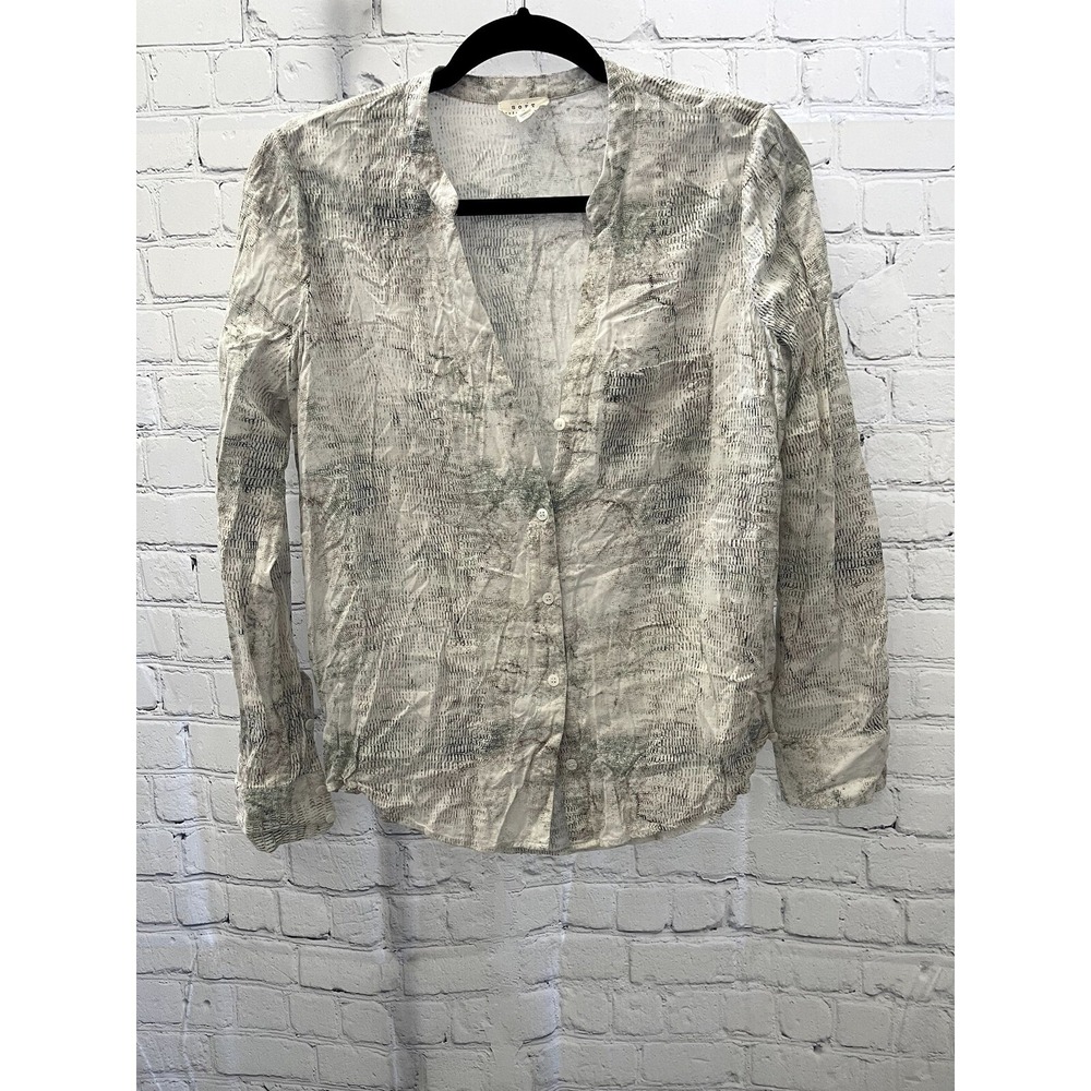 Soft Joie Womens Small Grey White Abstract Print Crinkle Button Down Blouse